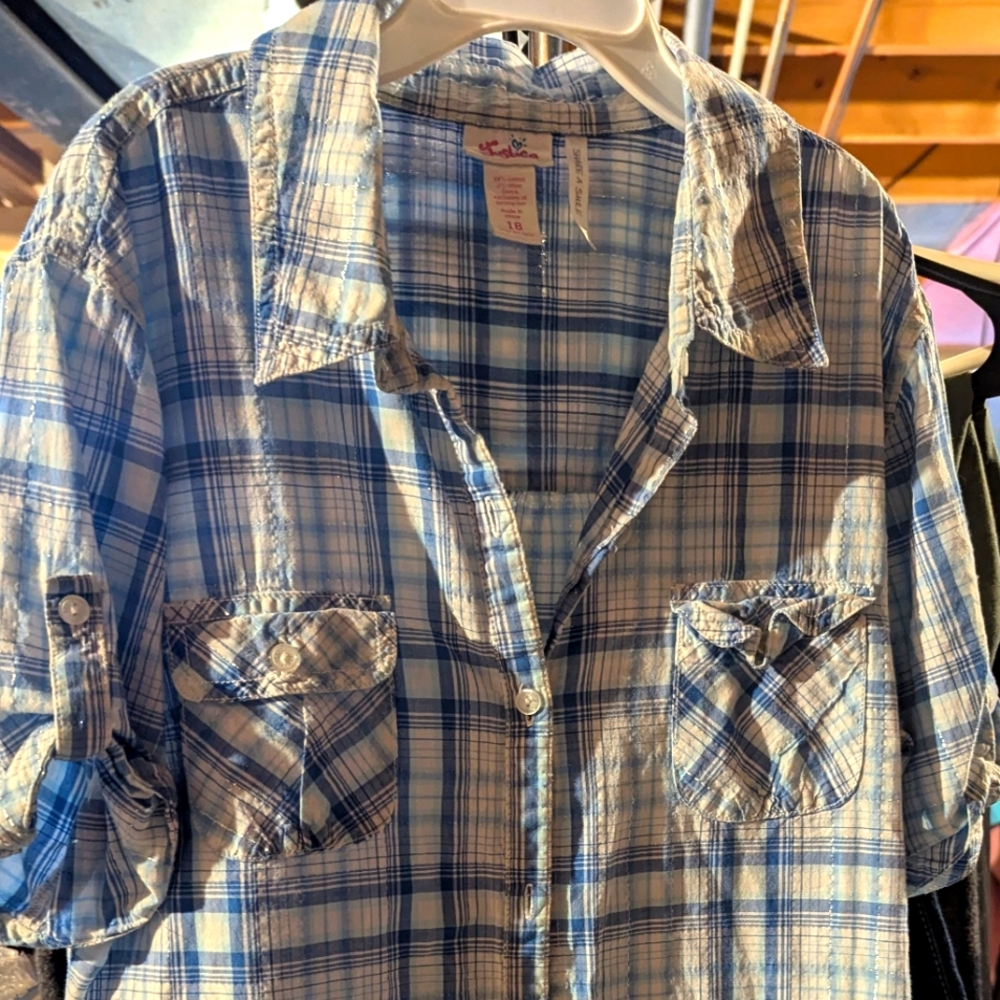 Girls Justice Blue Plaid embray button-Up dress size Lg